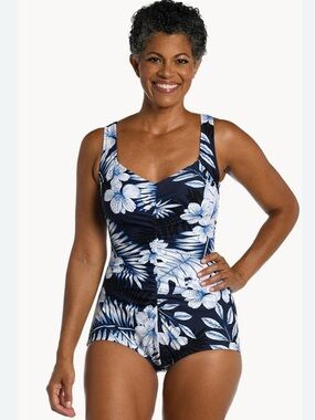 Maxine of Hollywood Navy and White Floral One-Piece Swimsuit